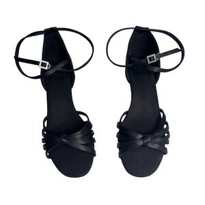 Womens Dance Size 9 Black Satin Shoes Salsa Rhinestone Buckle Ankle Strap Heels